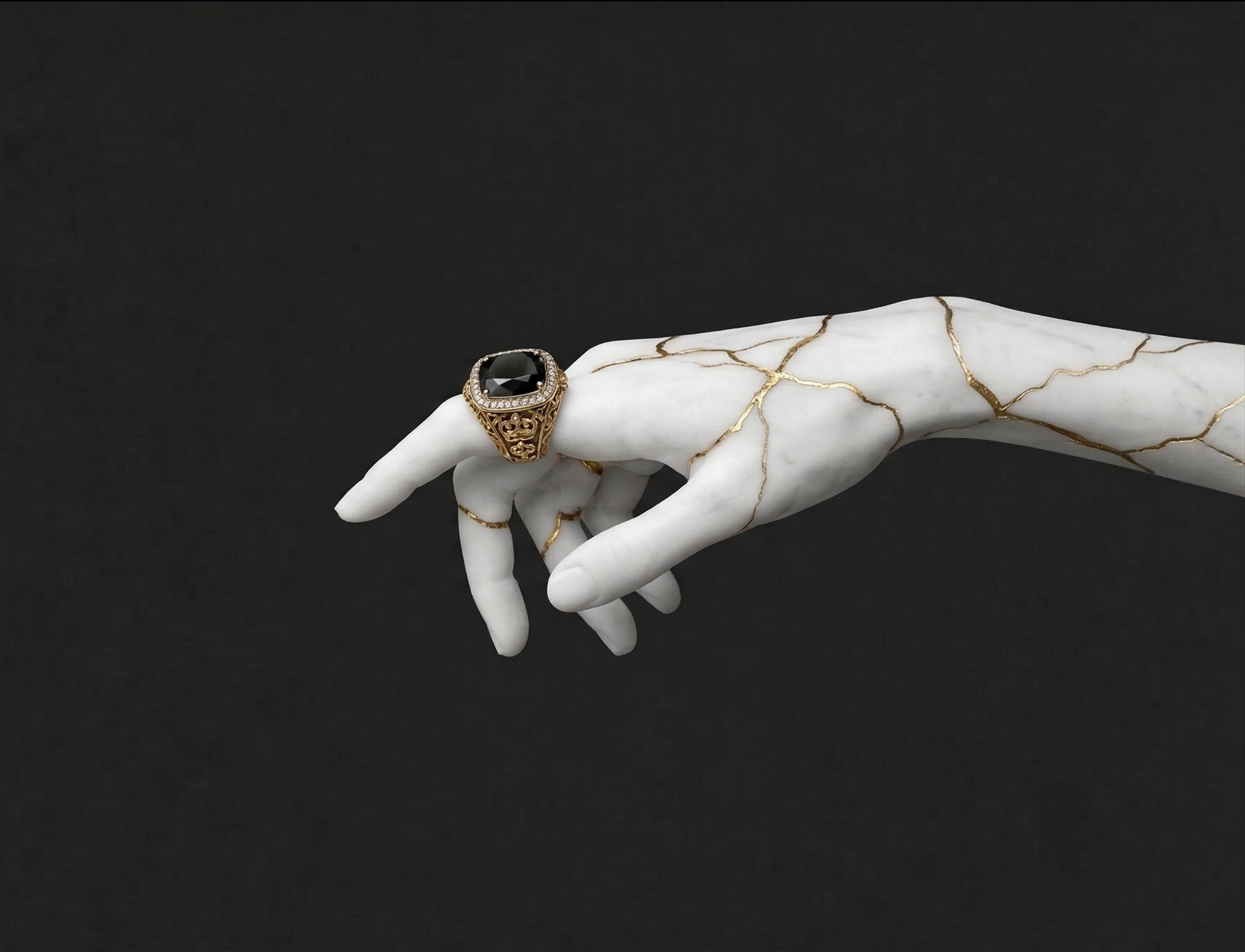 extreme close-up of a human hand partially covered in molten gold liquid, ornate rings, dark velvet background